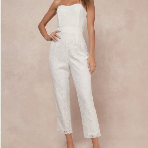 Lulus White Lace Strapless Jumpsuit – Size M | Bachelorette, Summer Bride - Picture 2 of 7